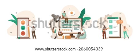 Feedback illustration set. Characters filling survey form, giving positive feedback and filing checklist on smartphone and computer. User experiences concept. Vector illustration.
 Royalty-Free Stock Photo #2060054339