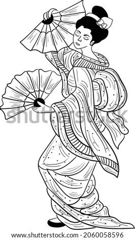 Portrait of young beautiful Japanese geisha girl. Wearing a traditional kimono. holding the fan. Japanese geisha girl vector black and white clip art and line art stock illustration.