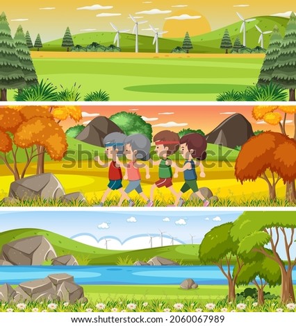 Outdoor panorama landscape scene set with cartoon character illustration
