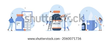 Flu treatment illustration set. Doctor preparing vaccine for vaccination program. People receiving treatment and medicaments against influenza and other viruses. Vector illustration.
 Royalty-Free Stock Photo #2060071736