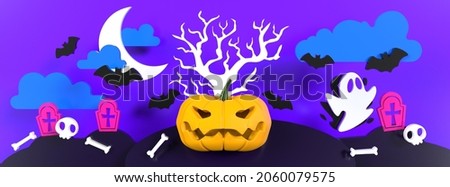 Halloween poster with pumpkins and other traditional Halloween decorations. Place for text. 3d render