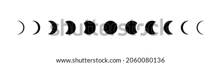 Moon phase. Icon of lunar cycle. stage of moon. Phase of eclipse of sun. Shape of full, half, crescent and quarter of star. Astronomy calendar. Black logo on white background. Symbol of planet. Vector Royalty-Free Stock Photo #2060080136