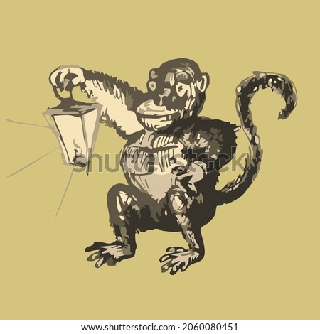 Monkey with lamp or lamp on background 
