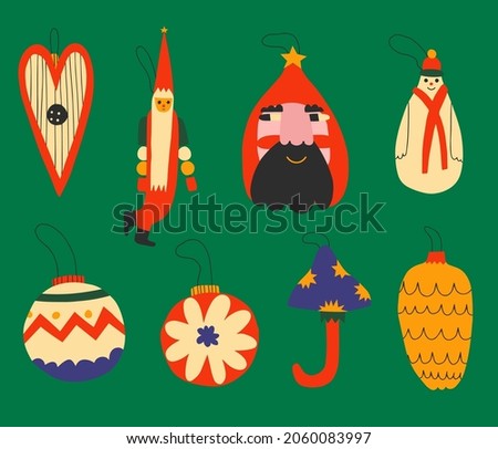 vector set - vintage toys on a christmas tree. Faded decorative elements for the New Year celebration - santa claus, ball, mushroom, Christmas Eve in the style of wooden retro toys 70s and 80s