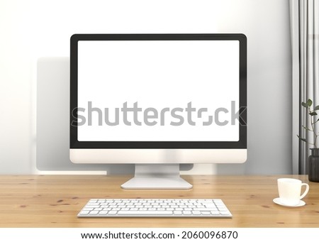 Mockup desktop computer, eucalyptus leaves, plant and Workspace and blank screen, copy space. 3d rendering.