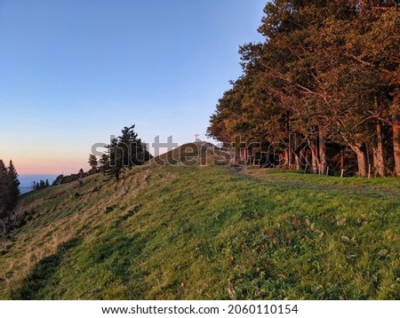 beautiful autumn sunset. Schnebelhorn, Zurich. The rays of the sun illuminate the meadow and the trees. view of the alps