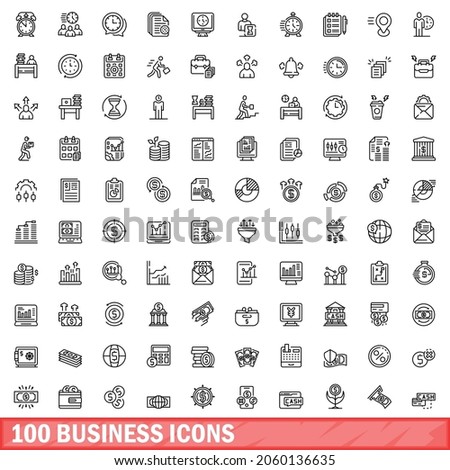 Outline illustration of 100 business icons vector set isolated on white background