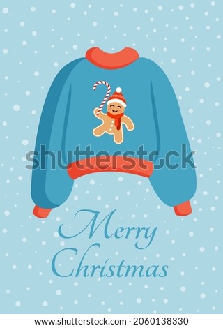 Christmas knitted sweater or jumper with a print of a gingerbread man in the snow for a postcard, poster, poster. Cute New Year and Christmas vector illustration in flat style