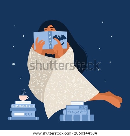 The woman reading a fantasy book about dragons. Girl resting covered blanket. Cartoon female character with cat. Hot drink in the mug. Concept for book store or library. Flat vector illustration.