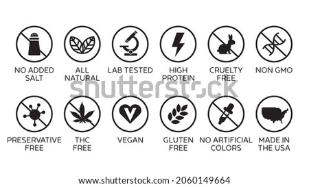 CBD oil icons set including All Natural, Vegan, Gluten-Free and Many more commonly used icons and symbols 