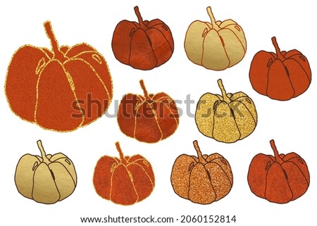 Textured pumpkins with glitter outline. Autumn clip art kit on white