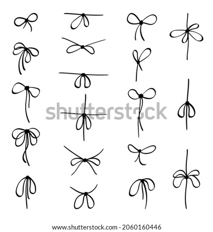 Knots and bows from threads set. Black collection of various loops for decorating gifts and festive events fancy jute braid with variety of tracery with decorative eights. Vector flat twine.