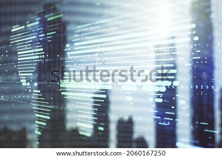 Multi exposure of abstract graphic world map hologram on blurry cityscape background, connection and communication concept