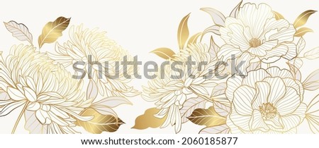 Luxury gold floral background vector. Golden gradient Roses and peonies flower line art wallpaper design for prints, cover, wall arts, greeting card, wedding cards, invitation. Royalty-Free Stock Photo #2060185877