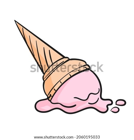 Dropped ice cream doodle cartoon isolated clipart on white background, Vector illustration of pink icecream in waffle cone