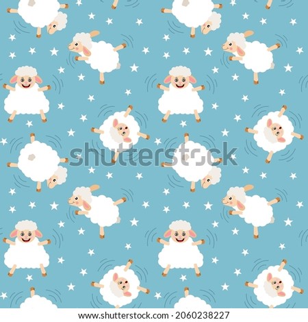 Seamless background of cute lambs sheeps with stars on blue background
