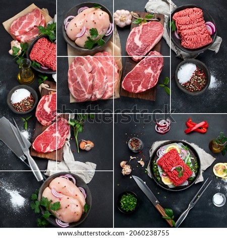 Collage food of raw minced meat with spices, vegetables and herbs on dark background. Ingredients for cooking concept.

