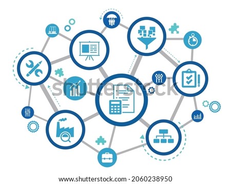 Operations management vector illustration. Blue concept related to organization, project planning and strategy, material flow, input and output