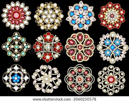 Illustration set of jewelry gold brooch with precious stones and pearls. Design elements Royalty-Free Stock Photo #2060250578