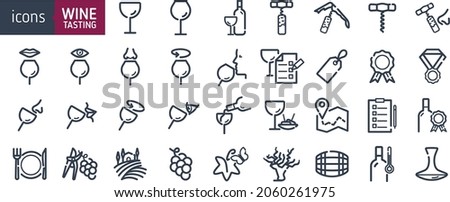 Wine icon set. Icons for professional wine tasting, savoring, looking, smelling, stirring. Wine industry icons. wineglasses and bottles. Vector illustration. Royalty-Free Stock Photo #2060261975