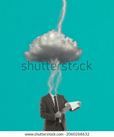 Brain explosion. Burnout at work. Contemporary art collage. Inspiration, idea, aspiration and fantasy, dreams. Male body with cloud instead head. Concept of mental health, inner world and emotions