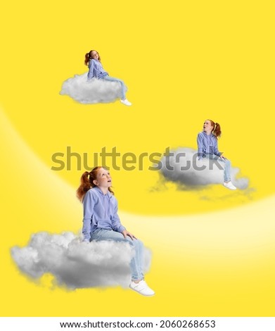 Dreams. Funny flight on cloud. Creative contemporary collage with little girl sitting on white cloud and flying. Concept of childhood, happiness, dreams, travels and fantasy. Copy space for ad
