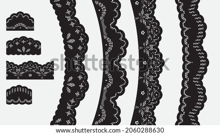 Set Of Black Lace Trim Vectors. Jacquard Mesh Lace Fabric.