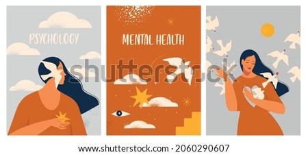 Mental Health Psychology Self healing, recovery flat vector illustration. Woman assembling herself cartoon character. Girl feeling anxiety. Royalty-Free Stock Photo #2060290607