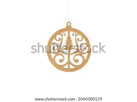 wooden Christmas ball with Christmas tree Hanging on a rope Isolated on a white background.