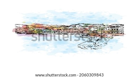 Building view with landmark of Kos is the 
island in  Aegean Sea. Watercolor splash with hand drawn sketch illustration in vector.