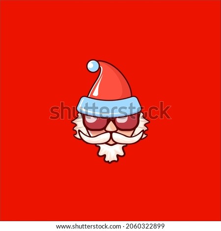 Santa Claus head with Santa red hat and hipster sunglasses isolated on red christmas background. Santa Claus label or sticker design. Christmas greeting card template