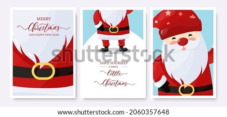 Merry Christmas and Happy New Year greeting card set. With cute santa claus lettering vector