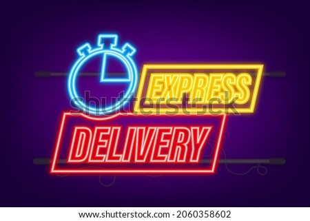 Express delivery service neon icon. Fast time delivery order with stopwatch. Vector stock illustration