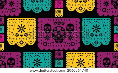 Day of the Dead, Dia de los Muertos, Halloween  festive seamless pattern with  skulls, garland, papel picado, skeleton, marigold flowers. Template holiday background  Vector illustration