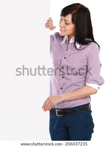 Young woman with blank board banner, isolated on white 