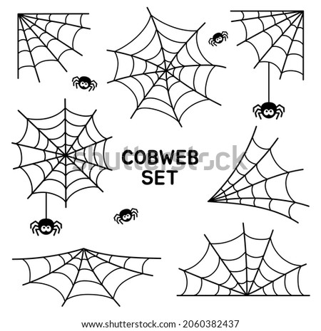 Cobweb collection, Halloween spider web set, Hand drawn spider web or cobweb with hanging spider. Halloween decoration. Line art, Cute spider web elements, Frames and borders, Vector illustration Royalty-Free Stock Photo #2060382437