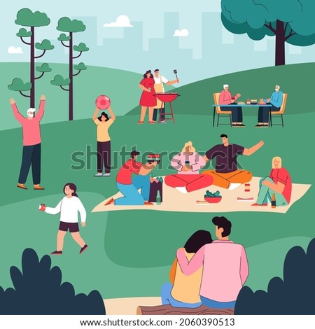 Happy people eating, drinking together, communicating under trees, playing with children. Cartoon family resting during picnic in city park vector illustration. Leisure time, outdoor activity concept