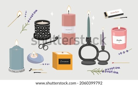Collection of burning trendy candles. Different sizes and shapes with branches of cotton. Decorative wax candles for aromatherapy and relax. Set of isolated flat cartoon vector illustrations Royalty-Free Stock Photo #2060399792