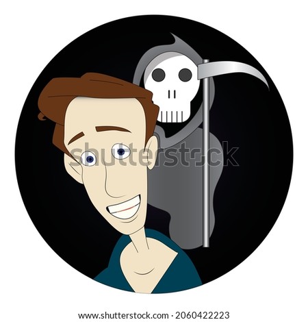 Scared man with reaper in the background round sticker label