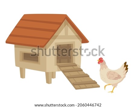 Hen near the henhouse. Vector cartoon style illustration isolated on white background. Royalty-Free Stock Photo #2060446742