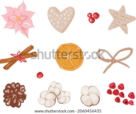 Christmas vector hand-drawn orange, cotton, cinnamon, berries, gingerbread, Poinsettia Flowers. Happy New Year holidays elements. For greeting cards, wrapping papers.