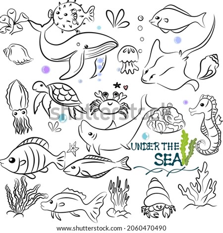 Set of life animals doodles under the sea,handraw icon illustrations on white background.