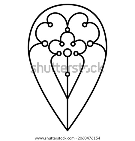 Medieval geometrical pear shaped design. Black and white linear silhouette.