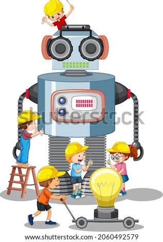 Children building robot together on white background illustration