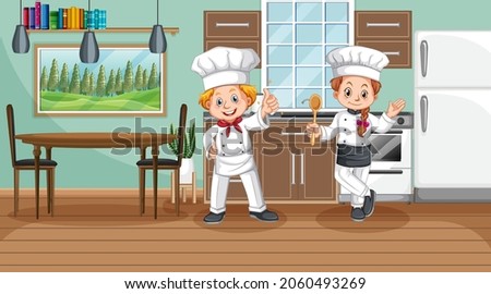 Kitchen scene with two chefs cartoon character illustration
