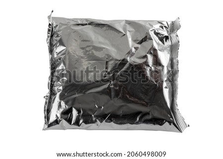 small blank single-use crumpled aluminum foiled plastic bag isolated on white background with clipping path, view from above