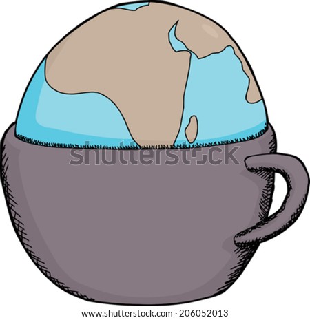 Hand drawn cartoon of globe inside drinking cup