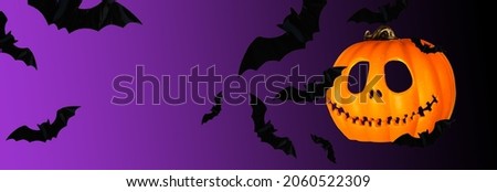 Black flying bats and on a black purple background, halloween background banner
