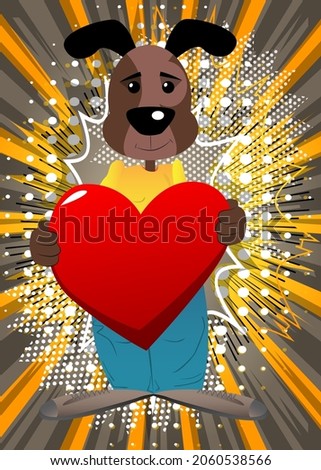 Funny cartoon dog holding big red heart. Vector illustration.