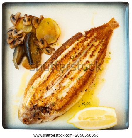 Grilled common sole served with wedge of fresh lemon and vegetable garnish of baked potato, eggplant and mushrooms. Isolated over white background